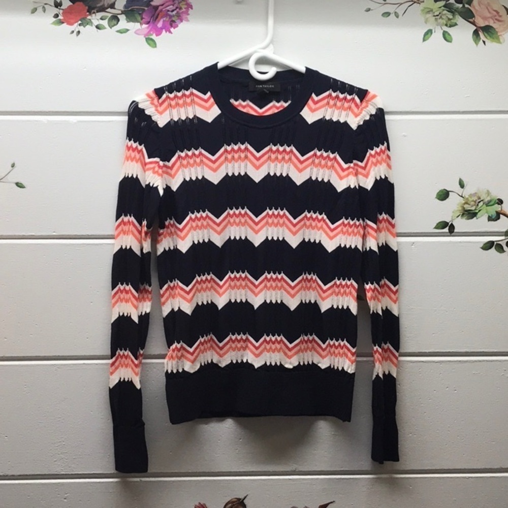 Ann Taylor Navy and Pink Chevron Sweater